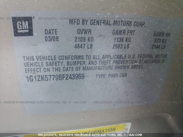 1G1ZK57798F243969 - 2008 CHEVROLET MALIBU LTZ 金色 照片 9