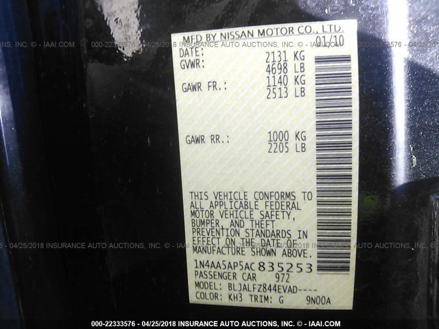 1N4AA5AP5AC835253 - 2010 NISSAN MAXIMA S/SV BLACK photo 9