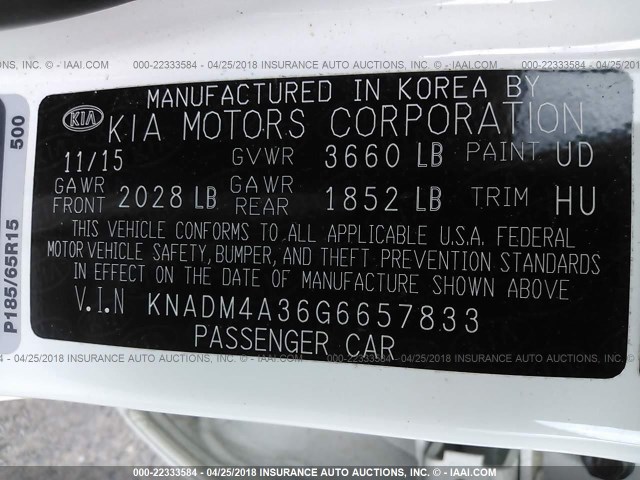KNADM4A36G6657833 - 2016 KIA RIO LX Սպիտակ լուսանկար 9