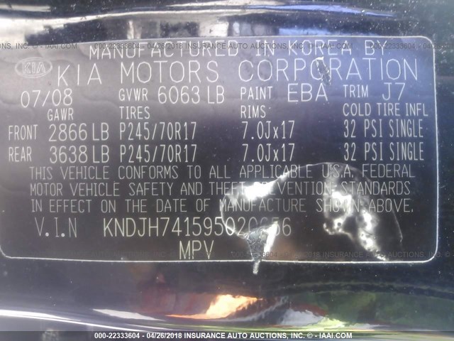 KNDJH741595020656 - 2009 KIA BORREGO LX/EX BLACK photo 9