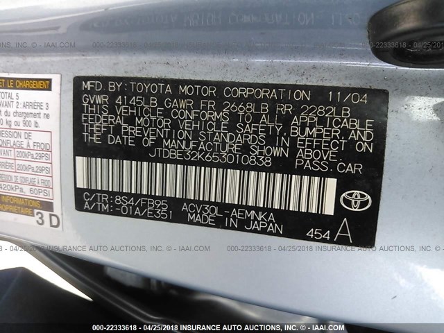 JTDBE32K653010838 - 2005 TOYOTA CAMRY LE/XLE/SE Light Blue photo 9