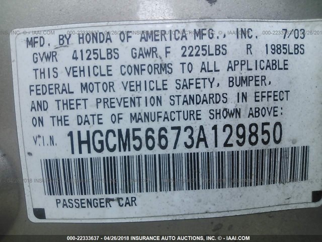 1HGCM56673A129850 - 2003 HONDA ACCORD EX 金色 照片 9