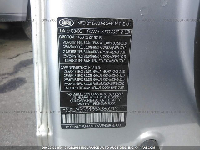 SALAG25466A385213 - 2006 LAND ROVER LR3 HSE SILVER photo 9