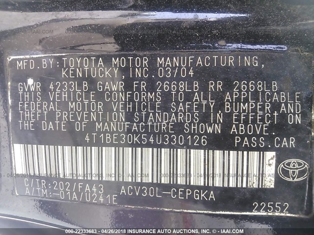 4T1BE30K54U330126 - 2004 TOYOTA CAMRY LE/XLE/SE BLACK photo 9