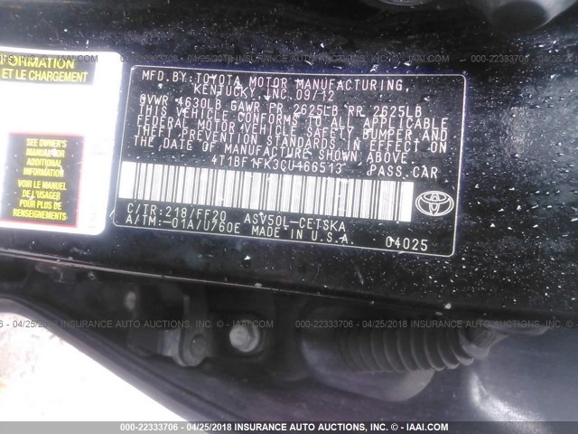4T1BF1FK3CU166513 - 2012 TOYOTA CAMRY SE/LE/XLE BLACK photo 9
