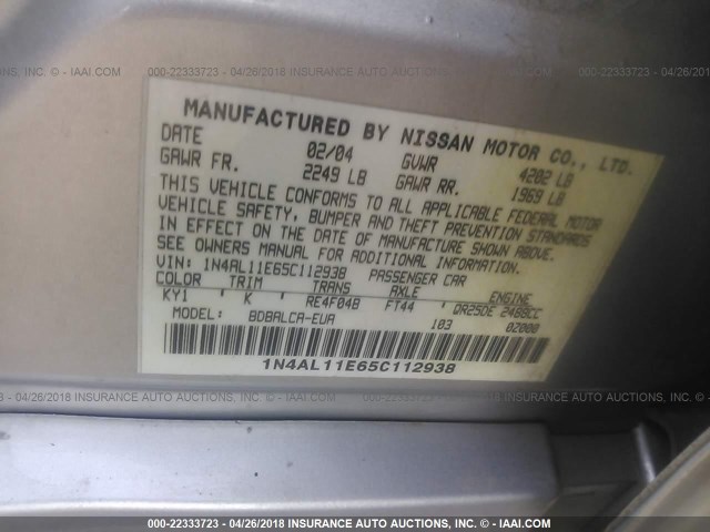 1N4AL11E65C112938 - 2005 NISSAN ALTIMA S/SL SILVER photo 9