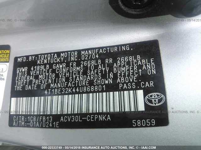 4T1BE32K44U868801 - 2004 TOYOTA CAMRY LE/XLE/SE 灰色 照片 9