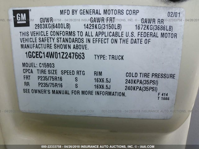 1GCEC14W01Z247663 - 2001 CHEVROLET SILVERADO C1500 CREAM photo 9