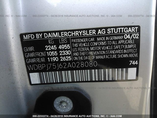 WDBPJ75J62A028080 - 2002 MERCEDES-BENZ CL 500 SILVER photo 9