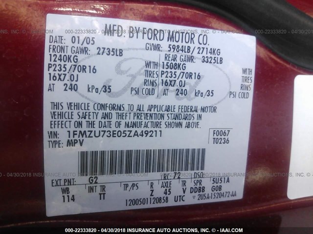 1FMZU73E05ZA49211 - 2005 FORD EXPLORER XLT/XLT SPORT/NBX RED photo 9