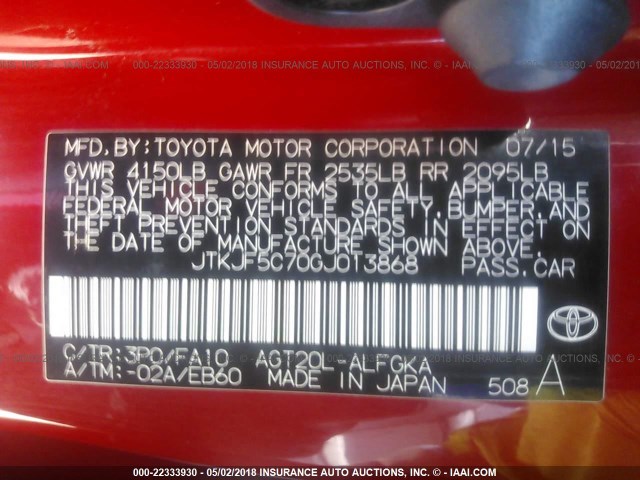 JTKJF5C70GJ013868 - 2016 TOYOTA SCION TC 红色 照片 9