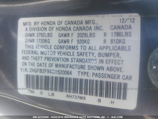 2HGFB2F94DH520064 - 2013 HONDA CIVIC EXL Boz foto 9