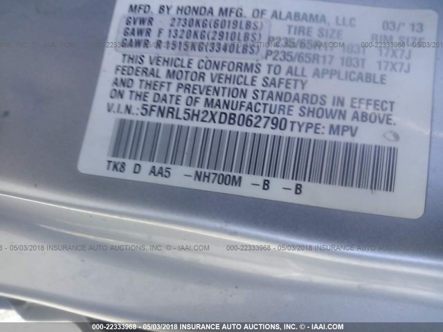 5FNRL5H2XDB062790 - 2013 HONDA ODYSSEY LX SILVER photo 9