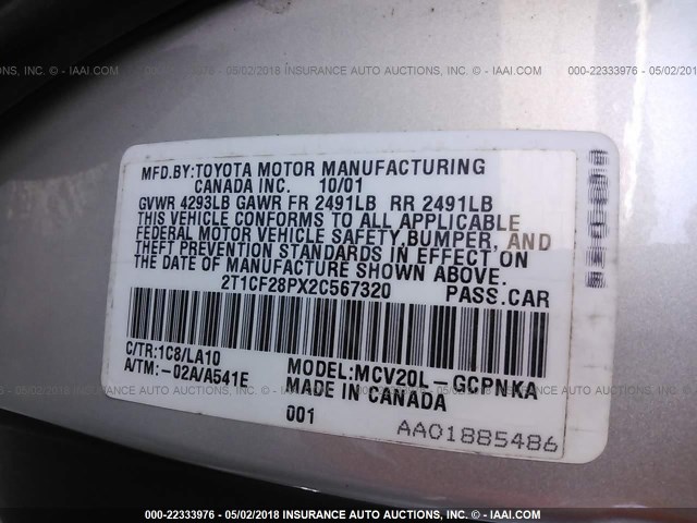 2T1CF28PX2C567320 - 2002 TOYOTA CAMRY SOLARA SE/SLE ვერცხლისფერი ფოტო 9