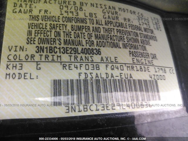 3N1BC13E29L400836 - 2009 NISSAN VERSA S/SL BLACK photo 9