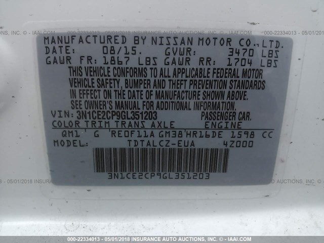 3N1CE2CP9GL351203 - 2016 NISSAN VERSA NOTE S/S PLUS/SV/SL/SR WHITE photo 9