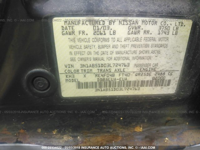 3N1AB51D03L724763 - 2003 NISSAN SENTRA SE-R SPEC V BLACK photo 9