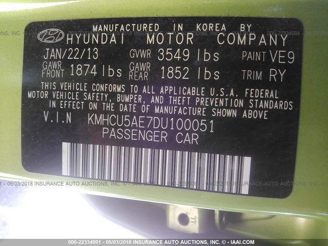 KMHCU5AE7DU100051 - 2013 HYUNDAI ACCENT GLS/SE GREEN photo 9