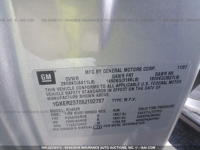 1GKER23708J192787 - 2008 GMC ACADIA SLT-1 Argent photo 9