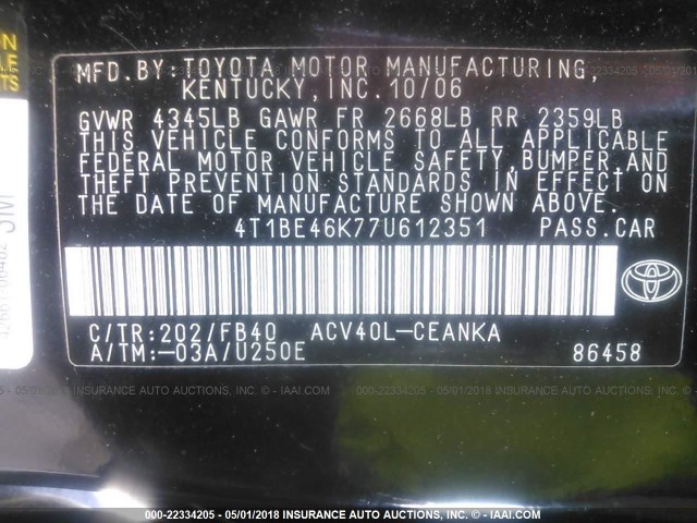 4T1BE46K77U612351 - 2007 TOYOTA CAMRY NEW GENERAT CE/LE/XLE/SE BLACK photo 9