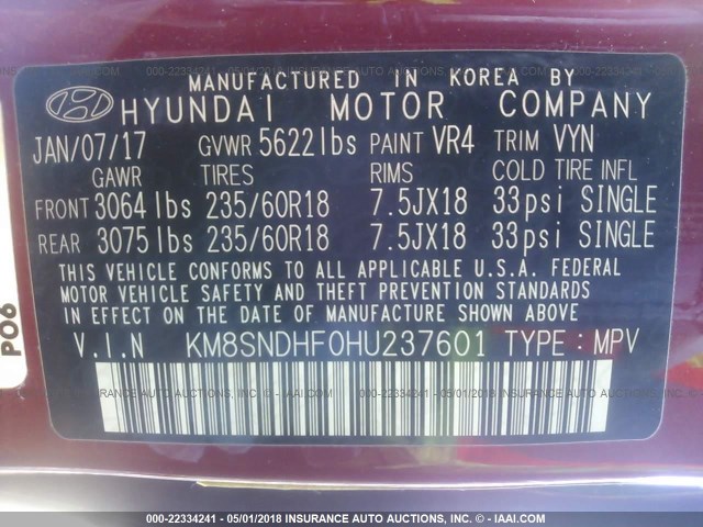 KM8SNDHF0HU237601 - 2017 HYUNDAI SANTA FE SE/LIMITED MAROON photo 9