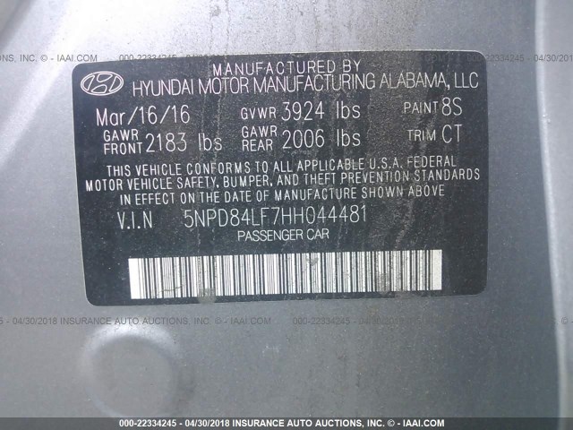 5NPD84LF7HH044481 - 2017 HYUNDAI ELANTRA SE/VALUE/LIMITED GRAY photo 9