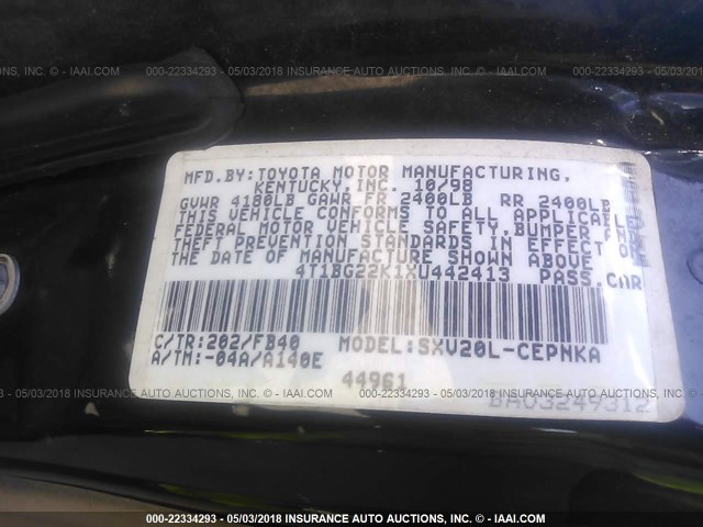 4T1BG22K1XU442413 - 1999 TOYOTA CAMRY CE/LE/XLE 黑色 照片 9