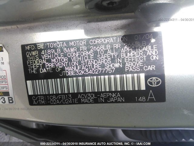 JTDBE32K340277757 - 2004 TOYOTA CAMRY LE/XLE SILVER photo 9