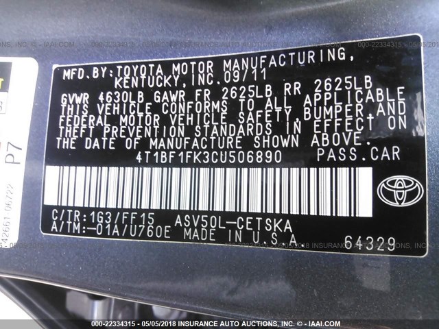 4T1BF1FK3CU506890 - 2012 TOYOTA CAMRY SE/LE/XLE GRAY photo 9
