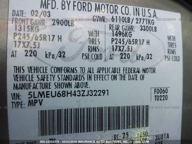 5LMEU68H43ZJ32291 - 2003 LINCOLN AVIATOR 灰色 照片 9