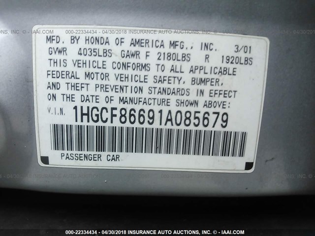 1HGCF86691A085679 - 2001 HONDA ACCORD VALUE SILVER photo 9