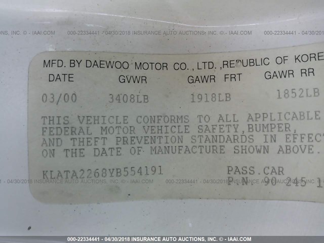 KLATA2268YB554191 - 2000 DAEWOO LANOS S Blanco foto 9