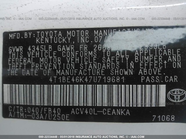 4T1BE46K47U719681 - 2007 TOYOTA CAMRY NEW GENERAT CE/LE/XLE/SE WHITE photo 9