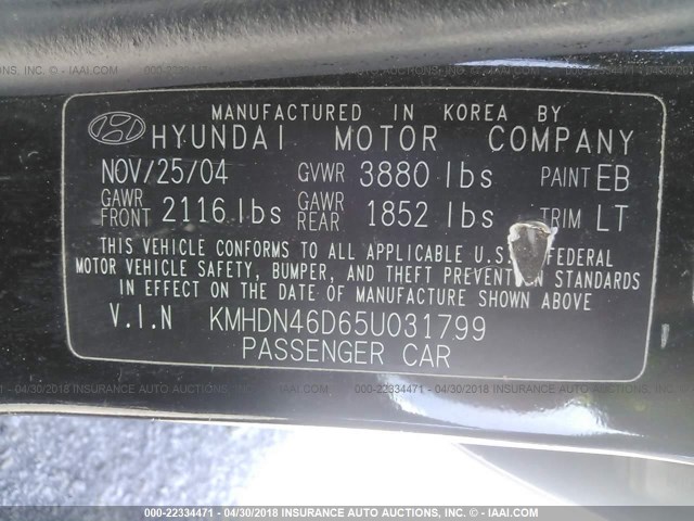 KMHDN46D65U031799 - 2005 HYUNDAI ELANTRA GLS/GT BLACK photo 9