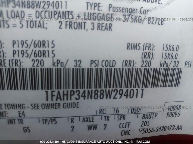 1FAHP34N88W294011 - 2008 FORD FOCUS S/SE RED photo 9