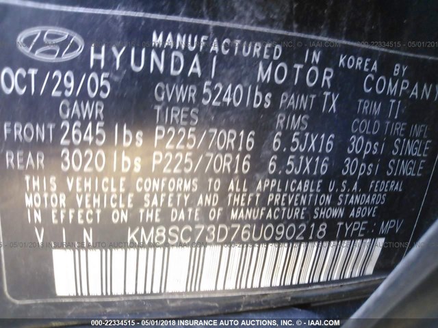 KM8SC73D76U090218 - 2006 HYUNDAI SANTA FE GLS/LIMITED BLACK photo 9