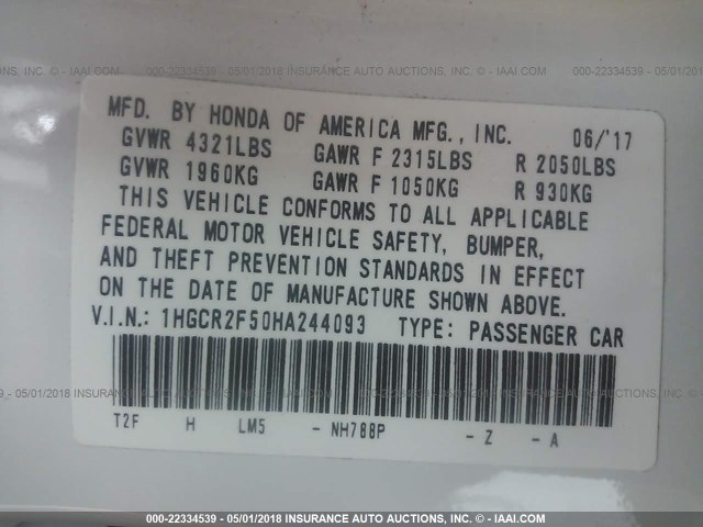 1HGCR2F50HA244093 - 2017 HONDA ACCORD SPORT 白色 照片 9