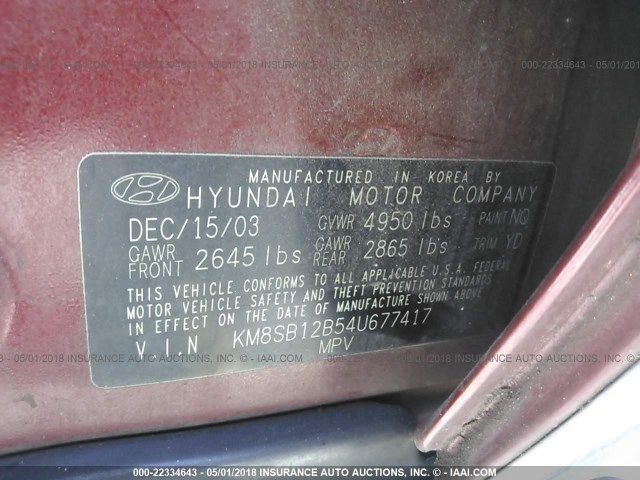 KM8SB12B54U677417 - 2004 HYUNDAI SANTA FE GL BROWN photo 9