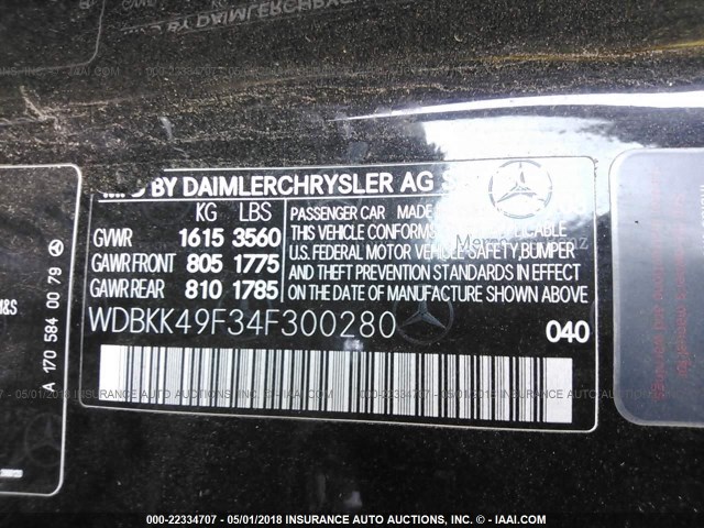 WDBKK49F34F300280 - 2004 MERCEDES-BENZ SLK 230 KOMPRESSOR BLACK photo 9