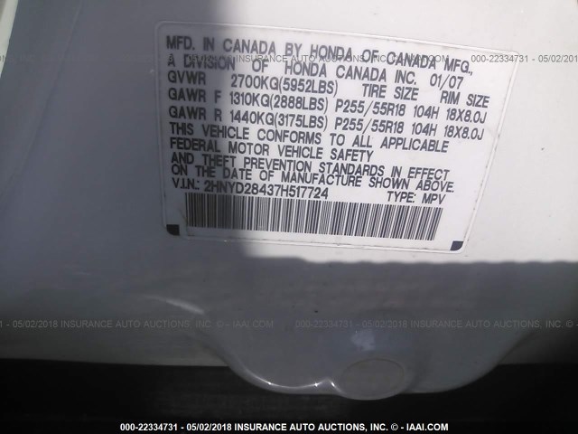 2HNYD28437H517724 - 2007 ACURA MDX TECHNOLOGY WHITE photo 9