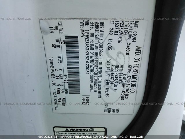 1FMZU63K95ZA23061 - 2005 FORD EXPLORER XLT/XLT SPORT/NBX 白色 照片 9