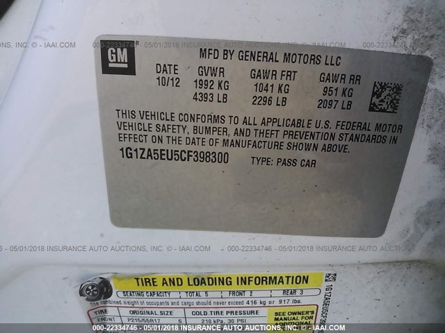 1G1ZA5EU5CF398300 - 2012 CHEVROLET MALIBU LS 白色 照片 9