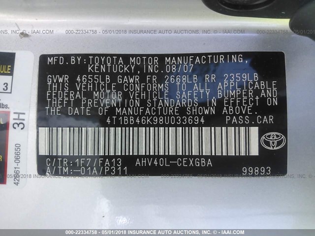 4T1BB46K98U033694 - 2008 TOYOTA CAMRY HYBRID SILVER photo 9