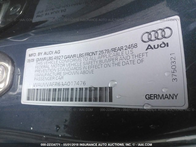 WAUVVAFR6AA017476 - 2010 AUDI S5 PRESTIGE GRAY photo 9