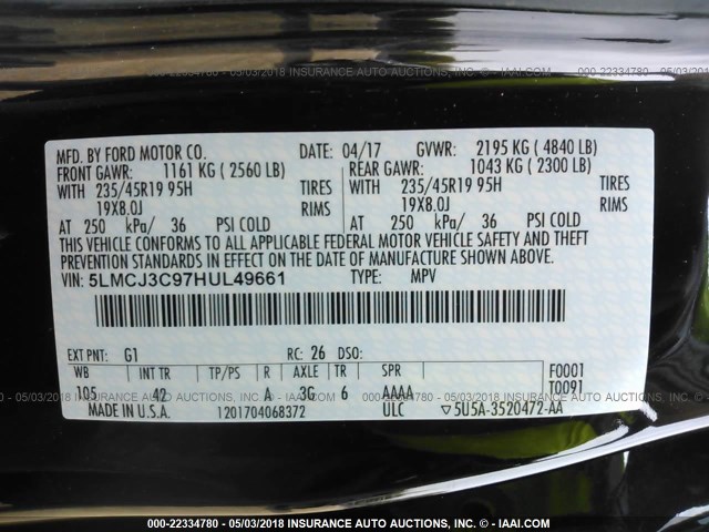 5LMCJ3C97HUL49661 - 2017 LINCOLN MKC RESERVE Siyah fotoğraf 9