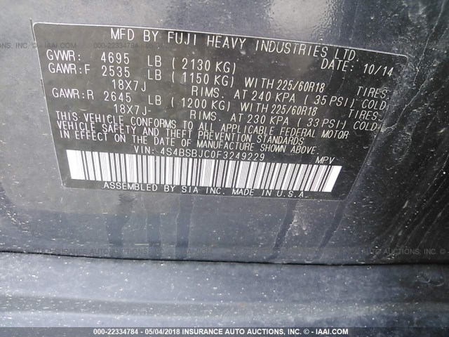 4S4BSBJC0F3249229 - 2015 SUBARU OUTBACK 2.5I LIMITED GRAY photo 9