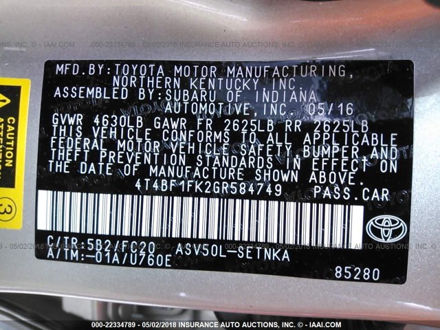 4T4BF1FK2GR584749 - 2016 TOYOTA CAMRY LE/XLE/SE/XSE 香槟色 照片 9