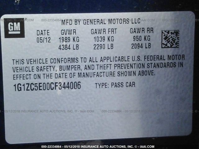 1G1ZC5E00CF344006 - 2012 CHEVROLET MALIBU 1LT 深蓝色 照片 9