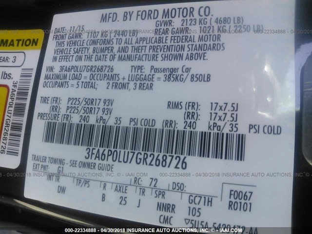 3FA6P0LU7GR268726 - 2016 FORD FUSION SE HYBRID BLACK photo 9