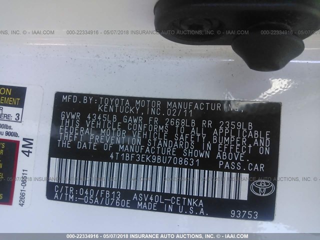 4T1BF3EK9BU708631 - 2011 TOYOTA CAMRY SE/LE/XLE WHITE photo 9